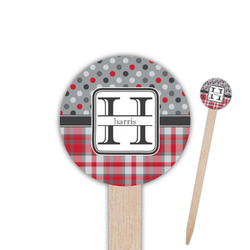 Red & Gray Dots and Plaid 6" Round Wooden Food Picks - Double Sided (Personalized)