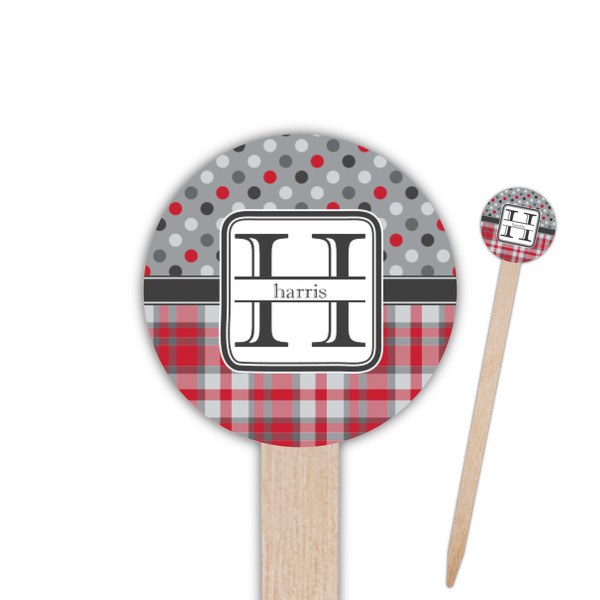 Custom Red & Gray Dots and Plaid 6" Round Wooden Food Picks - Single Sided (Personalized)