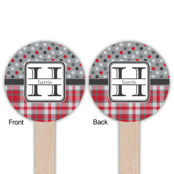 Red & Gray Dots and Plaid Wooden 6" Food Pick - Round - Double Sided - Front & Back