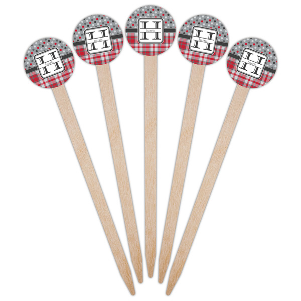 Red & Gray Dots and Plaid Wooden 6" Food Pick - Round - Fan View