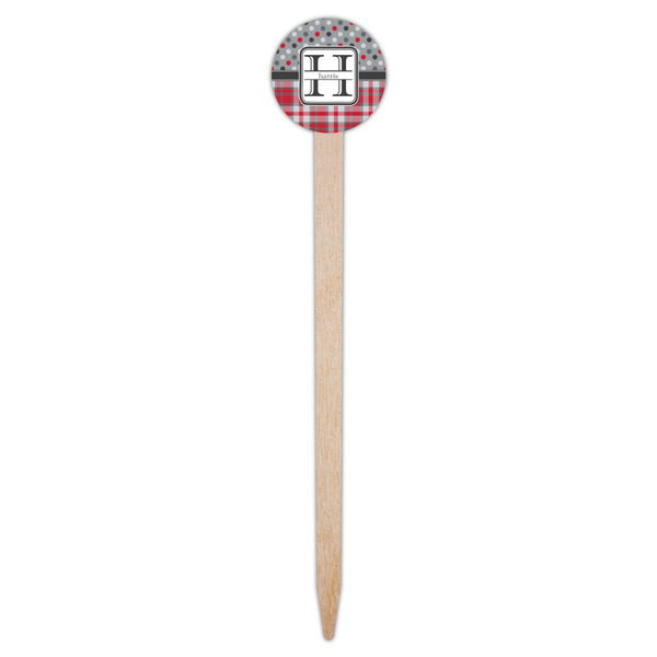 Red & Gray Dots and Plaid Wooden 6" Food Pick - Round - Single Pick