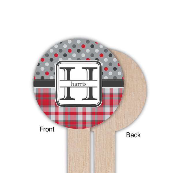 Red & Gray Dots and Plaid Wooden 6" Food Pick - Round - Single Sided - Front & Back
