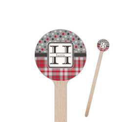 Red & Gray Dots and Plaid 6" Round Wooden Stir Sticks - Single Sided (Personalized)