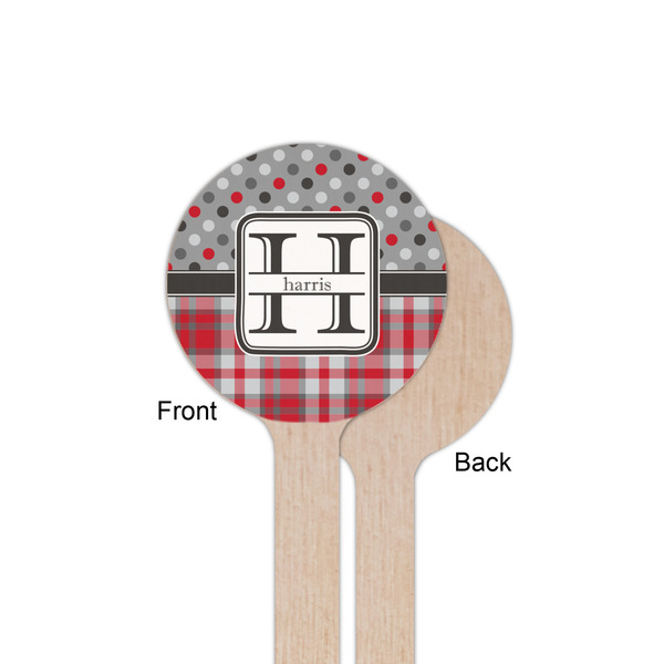 Red & Gray Dots and Plaid Wooden 6" Stir Stick - Round - Single Sided - Front & Back