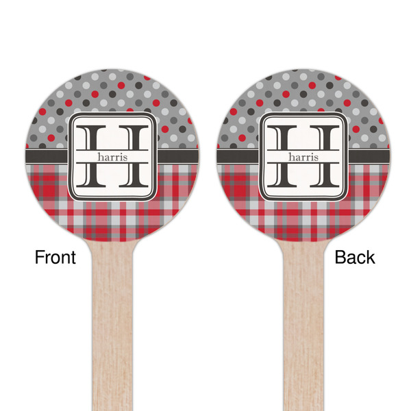 Red & Gray Dots and Plaid Wooden 7.5" Stir Stick - Round - Double Sided - Front & Back