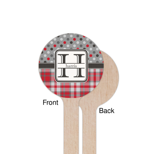 Red & Gray Dots and Plaid Wooden 7.5" Stir Stick - Round - Single Sided - Front & Back