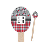 Red & Gray Dots and Plaid Oval Wooden Food Picks (Personalized)