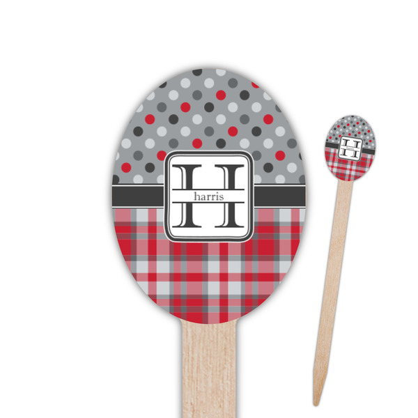 Custom Red & Gray Dots and Plaid Oval Wooden Food Picks - Double Sided (Personalized)