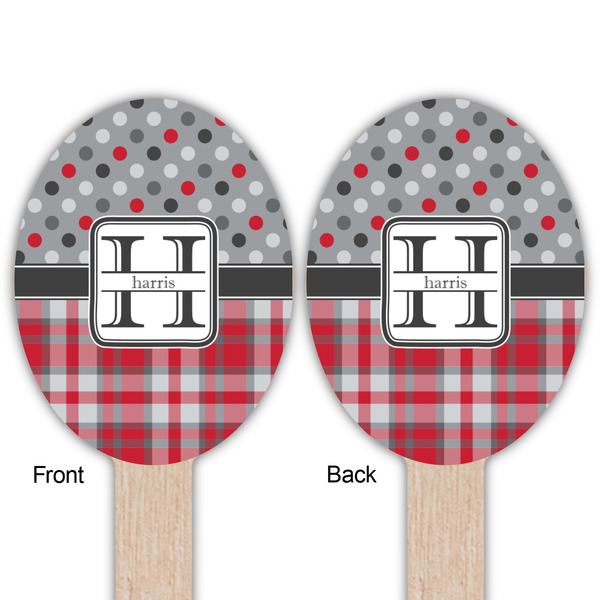 Red & Gray Dots and Plaid Wooden Food Pick - Oval - Double Sided - Front & Back