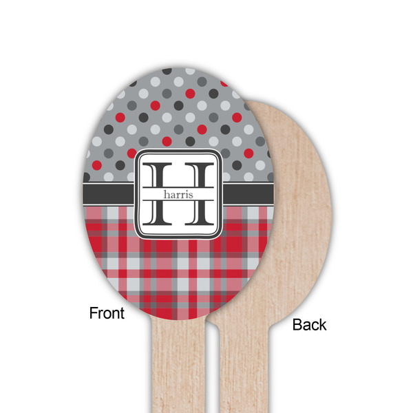 Red & Gray Dots and Plaid Wooden Food Pick - Oval - Single Sided - Front & Back