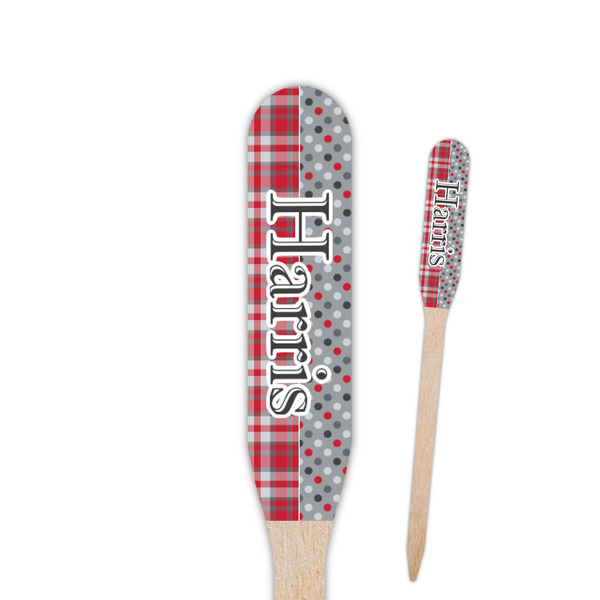 Custom Red & Gray Dots and Plaid Paddle Wooden Food Picks - Single Sided (Personalized)