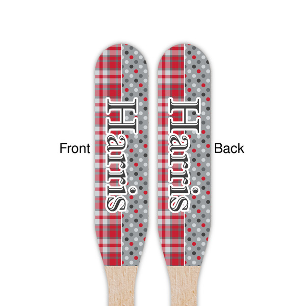 Red & Gray Dots and Plaid Wooden Food Pick - Paddle - Double Sided - Front & Back
