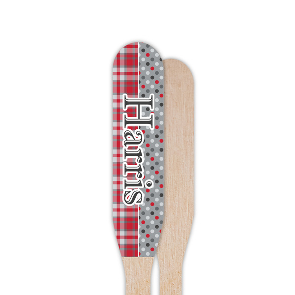 Red & Gray Dots and Plaid Wooden Food Pick - Paddle - Single Sided - Front & Back