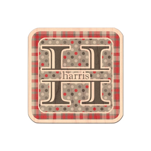 Custom Red & Gray Dots and Plaid Genuine Maple or Cherry Wood Sticker (Personalized)
