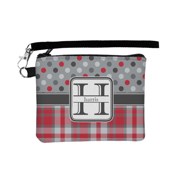 Custom Red & Gray Dots and Plaid Wristlet ID Case w/ Name and Initial