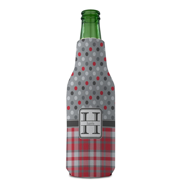 Red & Gray Dots and Plaid Zipper Bottle Cooler - FRONT (bottle)