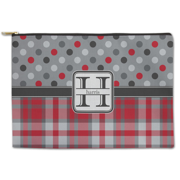 Custom Red & Gray Dots and Plaid Zipper Pouch - Large - 12.5"x8.5" (Personalized)