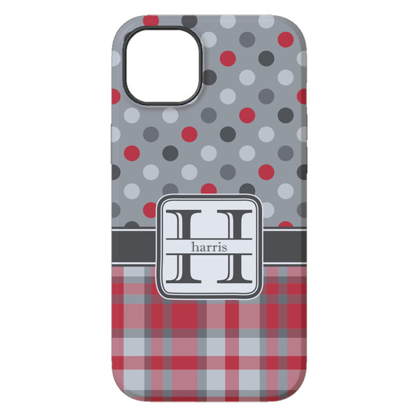Red & Gray Dots and Plaid iPhone 14 Plus Tough Case - Back