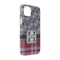 Red & Gray Dots and Plaid iPhone Case - Plastic - iPhone 14 Pro (Personalized)