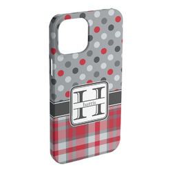 Red & Gray Dots and Plaid iPhone Case - Plastic - iPhone 15 Plus (Personalized)