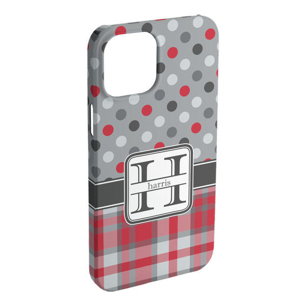 Custom Red & Gray Dots and Plaid iPhone Case - Plastic - iPhone 15 Plus (Personalized)