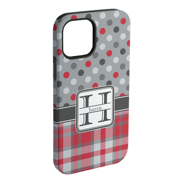 Custom Red & Gray Dots and Plaid iPhone Case - Rubber Lined - iPhone 15 Plus (Personalized)