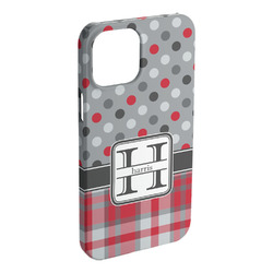 Red & Gray Dots and Plaid iPhone Case - Plastic - iPhone 15 Pro Max (Personalized)