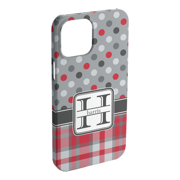 Custom Red & Gray Dots and Plaid iPhone Case - Plastic - iPhone 15 Pro Max (Personalized)