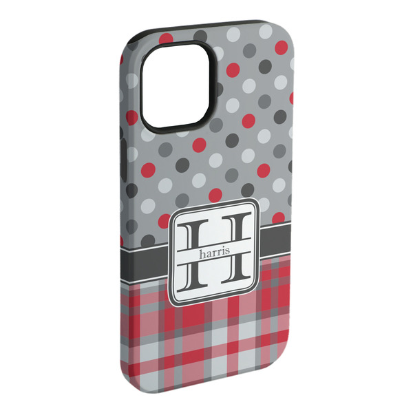 Custom Red & Gray Dots and Plaid iPhone Case - Rubber Lined - iPhone 15 Pro Max (Personalized)