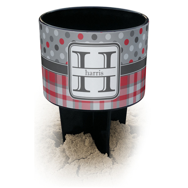 Custom Red & Gray Dots and Plaid Black Beach Spiker Drink Holder (Personalized)