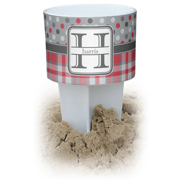 Custom Red & Gray Dots and Plaid Beach Spiker Drink Holder (Personalized)