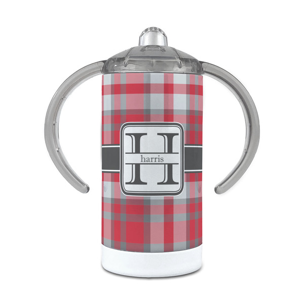 Custom Red & Gray Plaid 12 oz Stainless Steel Sippy Cup (Personalized)