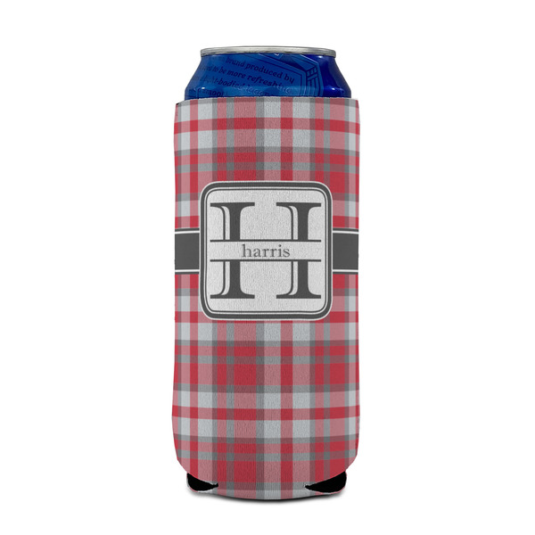 Red & Gray Plaid 16oz Can Sleeve - FRONT (on can)