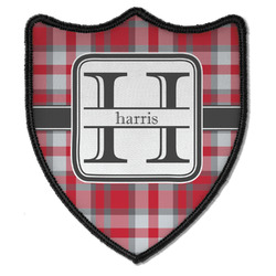 Red & Gray Plaid Iron On Shield Patch B w/ Name and Initial