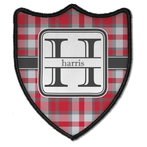 Custom Red & Gray Plaid Iron On Shield Patch B w/ Name and Initial