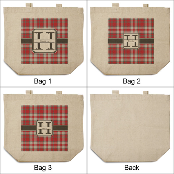 Red & Gray Plaid 3 Reusable Cotton Grocery Bags - Front & Back View