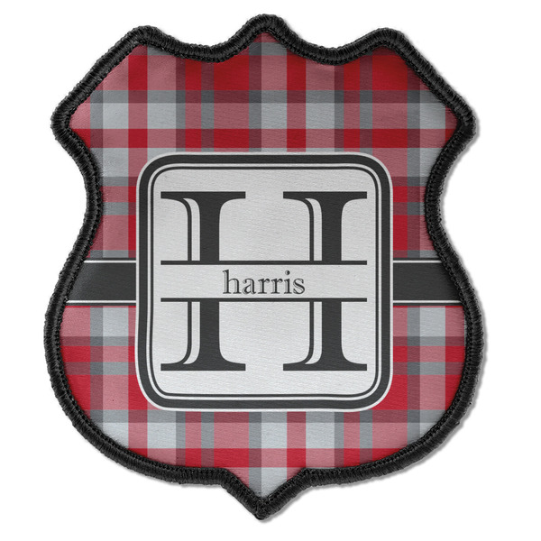 Custom Red & Gray Plaid Iron On Shield Patch C w/ Name and Initial