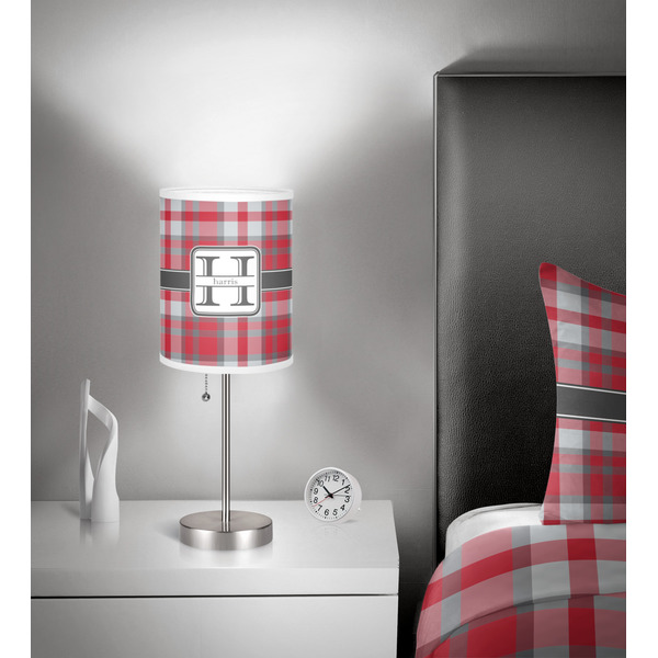 Red & Gray Plaid 7 inch drum lamp shade - in room