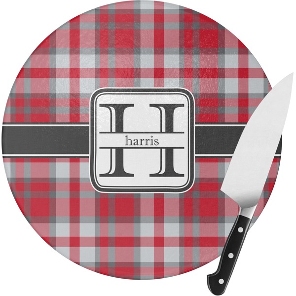 Custom Red & Gray Plaid Round Glass Cutting Board - Small (Personalized)