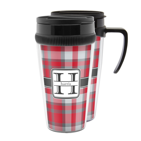 Custom Red & Gray Plaid Acrylic Travel Mug (Personalized)
