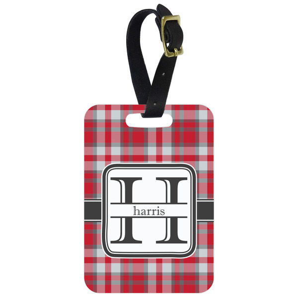 Custom Red & Gray Plaid Metal Luggage Tag w/ Name and Initial