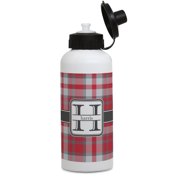 Custom Red & Gray Plaid Water Bottles - Aluminum - 20 oz - White (Personalized)