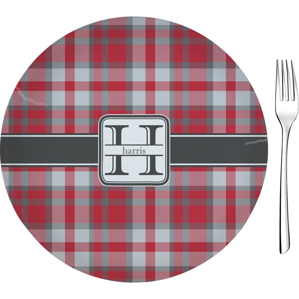 Custom Red & Gray Plaid Glass Appetizer / Dessert Plate 8" (Personalized)