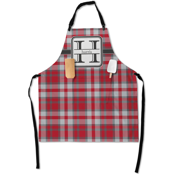 Custom Red & Gray Plaid Apron With Pockets w/ Name and Initial