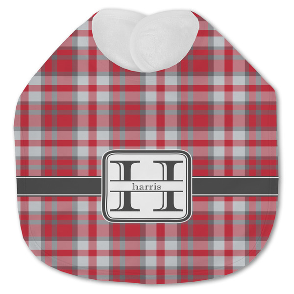 Custom Red & Gray Plaid Jersey Knit Baby Bib w/ Name and Initial