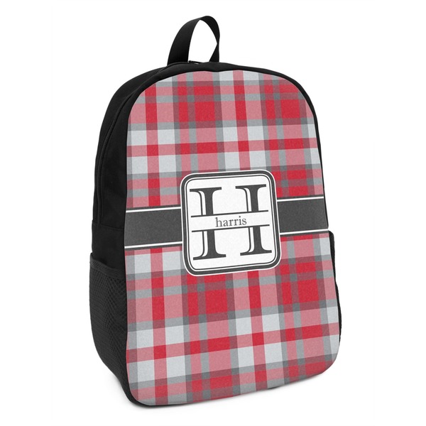 Custom Red & Gray Plaid Kids Backpack (Personalized)