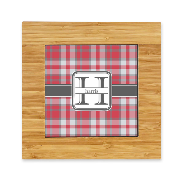 Custom Red & Gray Plaid Bamboo Trivet with Ceramic Tile Insert (Personalized)
