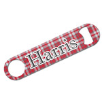 Red & Gray Plaid Bar Bottle Opener w/ Name and Initial