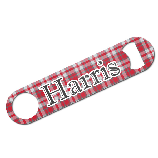 Custom Red & Gray Plaid Bar Bottle Opener - White w/ Name and Initial