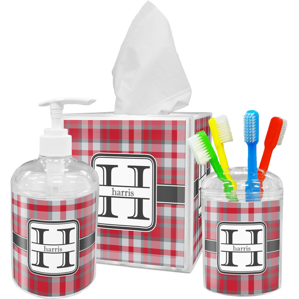 Custom Red & Gray Plaid Acrylic Bathroom Accessories Set w/ Name and Initial